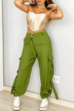 Army Green Casual Solid Patchwork Regular High Waist Conventional Solid Color Trousers