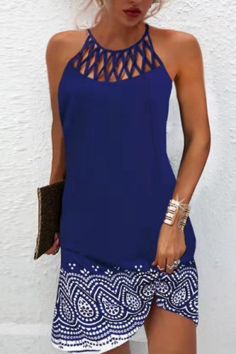 Blue Casual Print Hollowed Out O Neck Sleeveless Dress Dresses