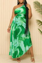 Groene sexy elegante print patchwork vouw asymmetrische schuine kraag onregelmatige jurkjurken