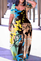 Khaki Casual Print Basic V-ringad kortärmad klänning