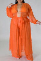 Tangerine Red Sweet Solid See-through Mesh Cardigan Collar Plus Size Two Pieces(Without Bikinis )