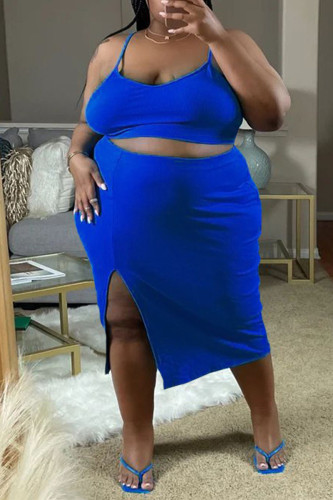 Colorful Blue Casual Solid Patchwork Slit Spaghetti Strap One Step Skirt Plus Size Two Pieces