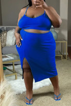 Красочная синяя повседневная однотонная лоскутная юбка с разрезом на тонких бретелях, юбка большого размера из двух частей