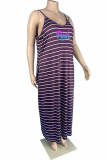 Фиолетовое повседневное полосатое платье с V-образным вырезом и буквенным принтом Платья больших размеров