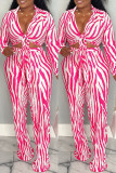 Rose Red Casual Striped Print Frenulum Turndown Collar Long Sleeve Two Pieces Front Tie Crop Tops And Pants Set