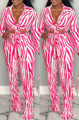 Rose Red Casual Striped Print Frenulum Turndown Collar Long Sleeve Two Pieces
