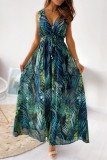 Grünes, lässiges, rückenfreies Frenulum-Kleid mit V-Ausschnitt und langem Kleid