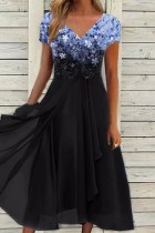 ブルーブラックカジュアルプリントパッチワークOネック半袖ドレスドレス