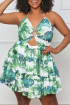 Green Sexy Print Bandage Hollowed Out Backless Halter Sling Dress
