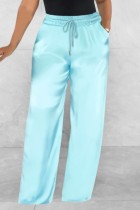 Calça azul clara casual sólida básica regular cintura alta convencional de cor sólida