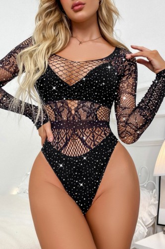 Black Sexy Living Patchwork Solid Hot Drilling Hollowed Out See-through Lingerie
