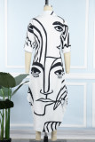 Weiße, elegante, bedruckte Hemdblusenkleider mit Taschenknöpfen und Schlitz, Umlegekragen