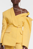 黄色のエレガントな固体包帯ボタン斜め襟アウターウェア
