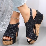 Silver Casual Hollowed Out Sequins Patchwork Fish Mouth Out Door Wedges Shoes