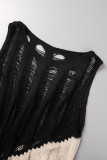 Zwarte casual patchwork contrasterende O-hals mouwloze jurkjurken
