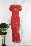 Красное сексуальное повседневное однотонное длинное платье с V-образным вырезом
