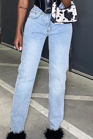 Light Blue Casual High Waist Straight Distressed Denim Jeans