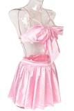 Pink Sexy Living Solid Hollowed Out Patchwork Backless With Bow Lingerie