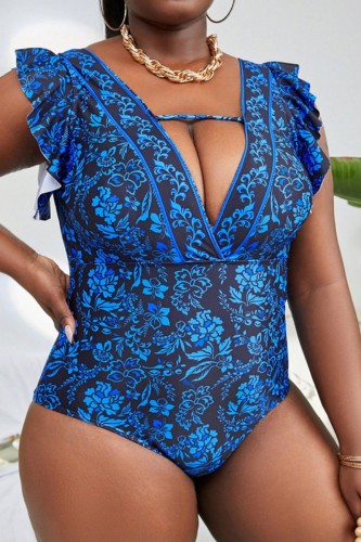 Blue Sexy Print Hollowed Out V Neck Plus Size Swimwear (With Paddings)