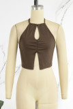 Brown Sexy Casual Solid Hollowed Out Backless Slit O Neck Tops