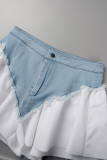 Short jeans branco casual patchwork contraste cintura alta regular