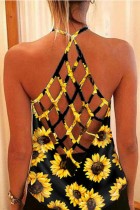 Yellow Sexy Casual Print Solid Backless Spaghetti Strap Tops