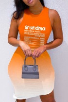 Orangefarbenes Casual-Print-Basic-Weste-Kleid mit O-Ausschnitt