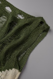 Armeegrünes, lässiges, ärmelloses Kleid mit Patchwork-Kontrast und O-Ausschnitt