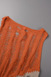 Orangefarbenes, lässiges, ärmelloses Kleid mit Patchwork-Kontrast und O-Ausschnitt