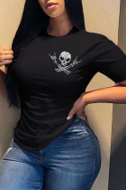Zwarte casual dagelijkse print schedel patchwork T-shirts met ronde hals