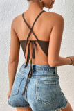Brown Sexy Casual solide évidé Backless Slit O Neck Tops