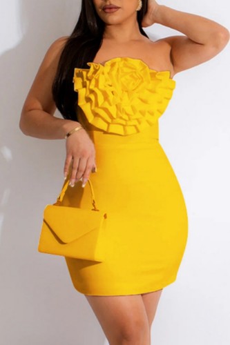Yellow Sexy Solid Patchwork Backless Strapless Sleeveless Dress Dresses