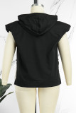 Black Casual Simplicity Solid Draw String Slit Hooded Collar Tops