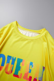 Yellow Casual Basis Print Ripped Basic Printing Contrast O Neck Short Sleeve Two Pieces