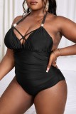 Black Sexy Solid Bandage Backless Halter Plus Size Swimwear (With Paddings)