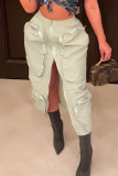 Armeegrün Lässige Kleidung Straße Täglich Einfarbige Tasche Einfarbiger Reißverschluss Normale mittlere Taille Typ H Einfarbige Unterteile