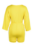 Macacão de retalhos de retalhos decote em V amarelo moda casual atadura sólida