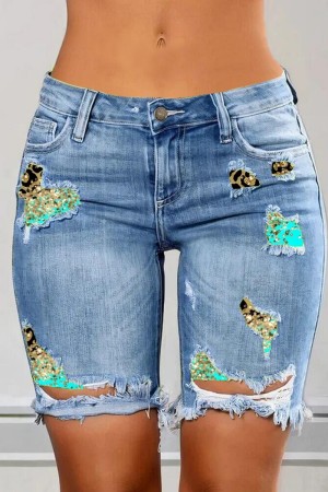 Blue Casual Leopard Print High Waist Skinny Ripped Denim Shorts