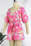 Pink Casual Cute Vacation Floral Printing V Neck Straight Rompers