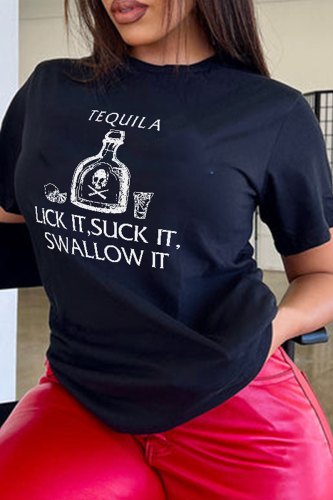 T-shirt con scollo a O e lettera patchwork nera con stampa street casual