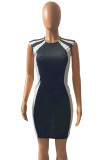Schwarzes, khakifarbenes, elegantes Kleid mit kontrastierendem Schlitz und O-Ausschnitt und einstufigem Rock