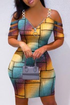 Farbe, lässiger Druck, ausgehöhltes Patchwork-Kleid mit V-Ausschnitt und kurzen Ärmeln