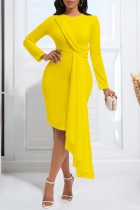 Желтые повседневные однотонные лоскутные платья с круглым вырезом и длинными рукавами