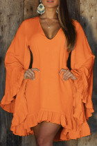 Оранжевые повседневные однотонные платья с длинным рукавом в стиле пэчворк с V-образным вырезом