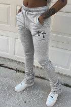 Cinza claro Calça casual estampada com dobra regular cintura média Posicionamento convencional estampado
