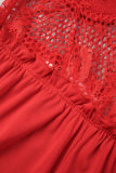 Rouge Sexy décontracté quotidien solide dentelle Patchwork transparent avec ceinture col en V barboteuses régulières