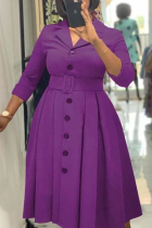 Фиолетовые элегантные однотонные лоскутные пуговицы с отложным воротником, платья трапециевидной формы (с поясом)