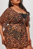 Фуксия Сексуальный леопардовый принт Базовая блузка с V-образным вырезом Плюс размер Купальник Блузка