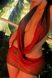 Rote, sexy bedruckte, rückenfreie Mesh-Neckholder-Kleider mit einem Rock und einem Schritt