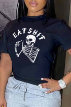 Zwarte casual street print schedel patchwork T-shirts met ronde hals